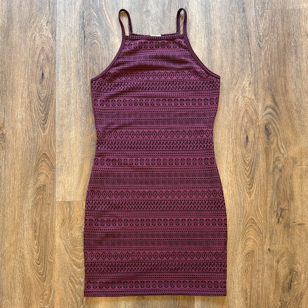 Garage Burgundy Patterned Mini Dress with High Neck